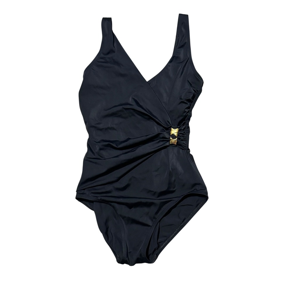 Roxanne Black One Piece Swimsuit Bra Sz 10/34D Underwire Ruched Gold slimming